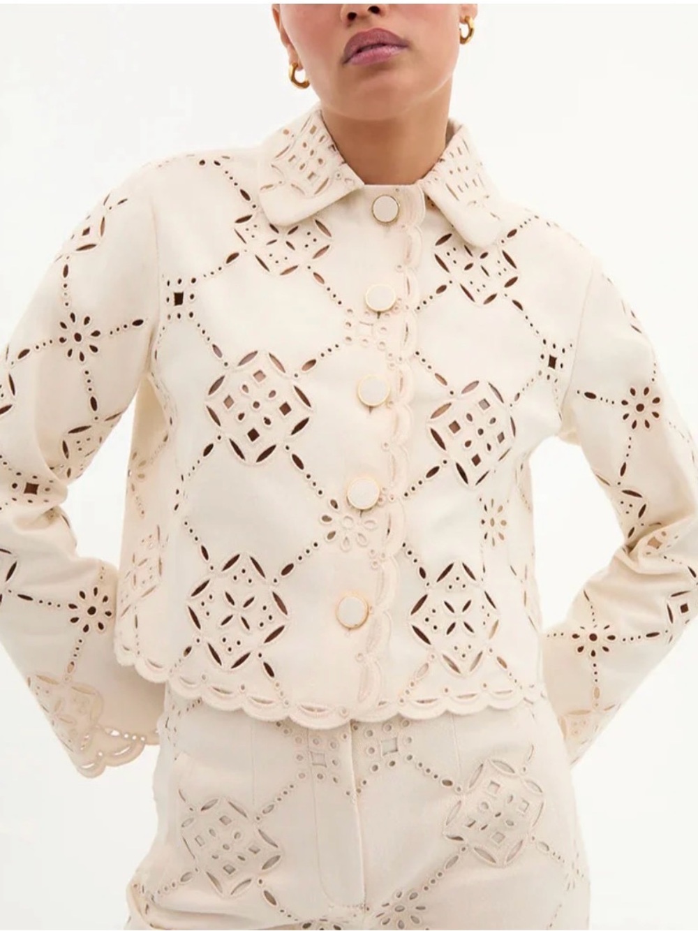 Veronica Beard Cream Eyelet Cutout Cropped Blazer